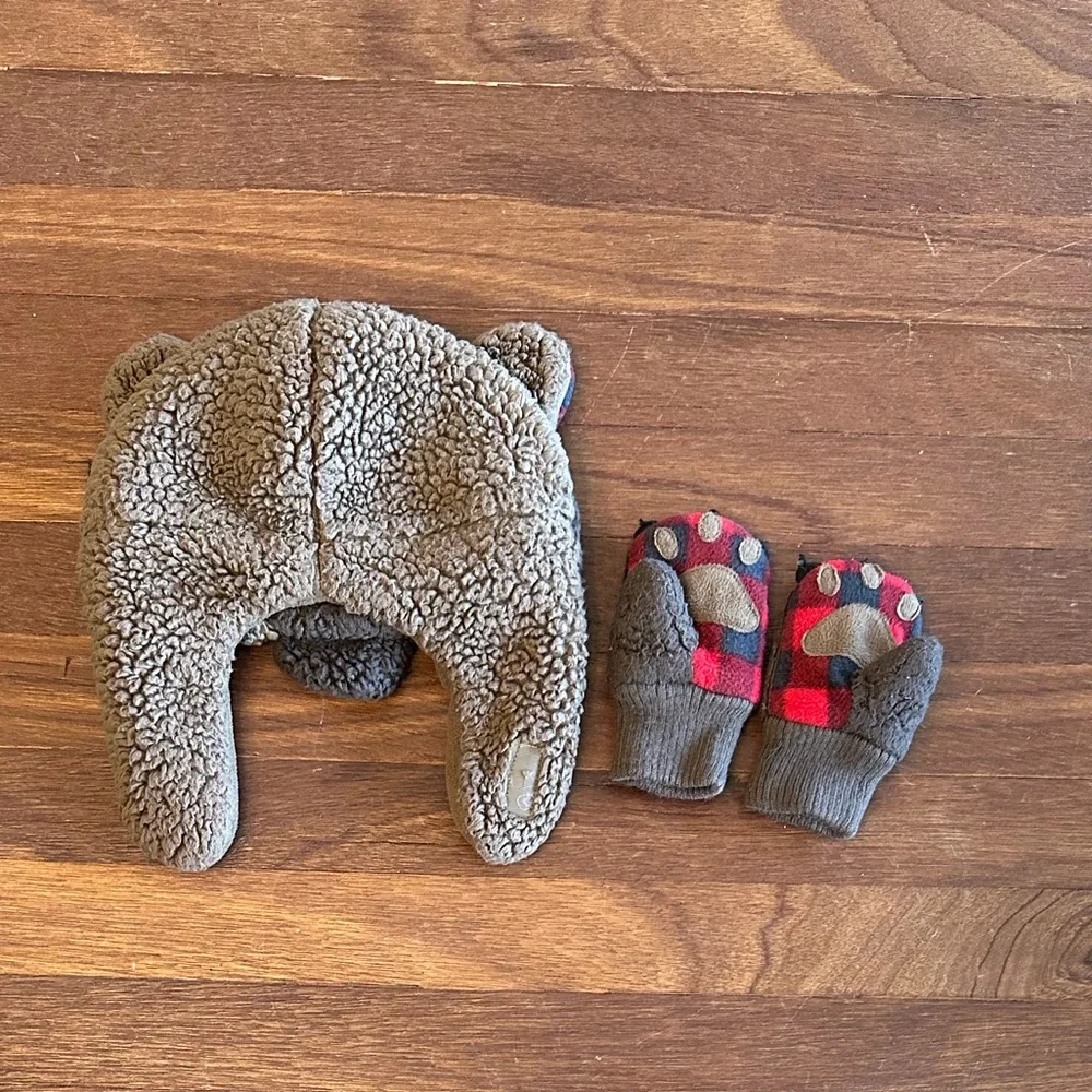 3/$15 GAP Baby Bear Trapper Hat & Matching Mittens Set Size XS/S 12-24 Months